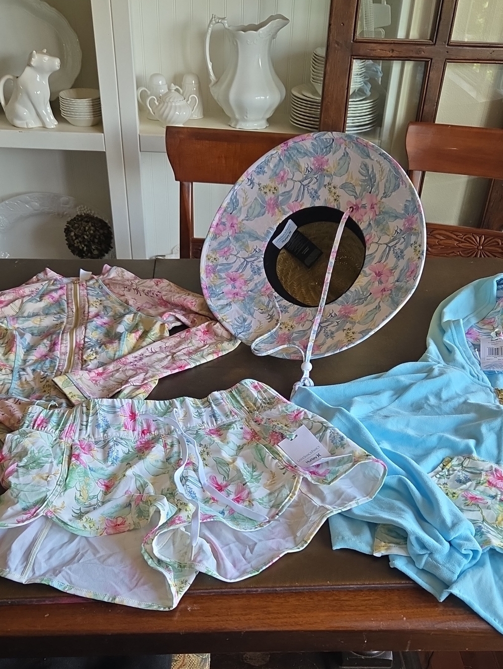 LoveShackFancy X Hurley Pastel Pink and Light Blue Floral Swimwear Set